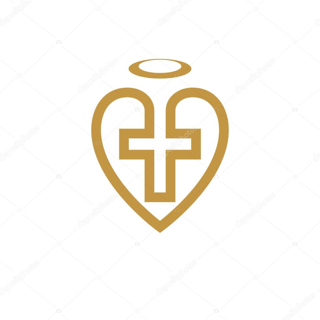God Christian Love conceptual logo design combined with Christian Cross and heart, vector creative symbol.