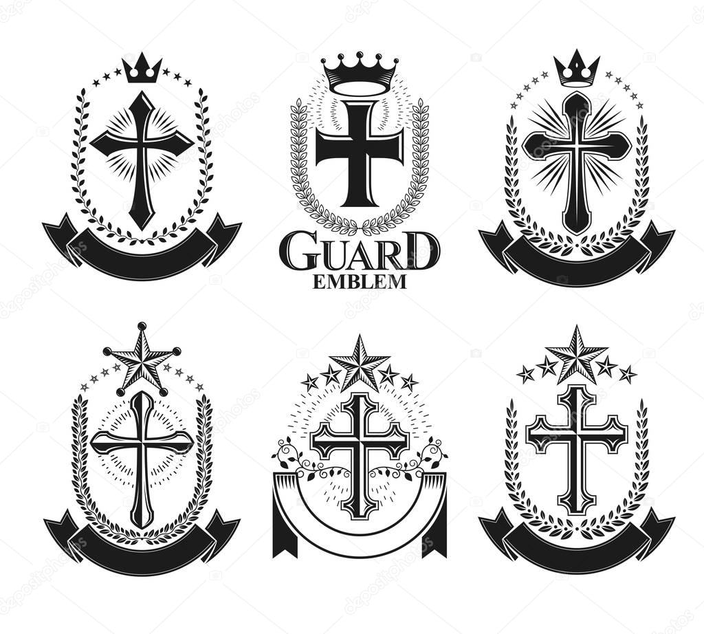 Crosses of Christianity emblems set. 