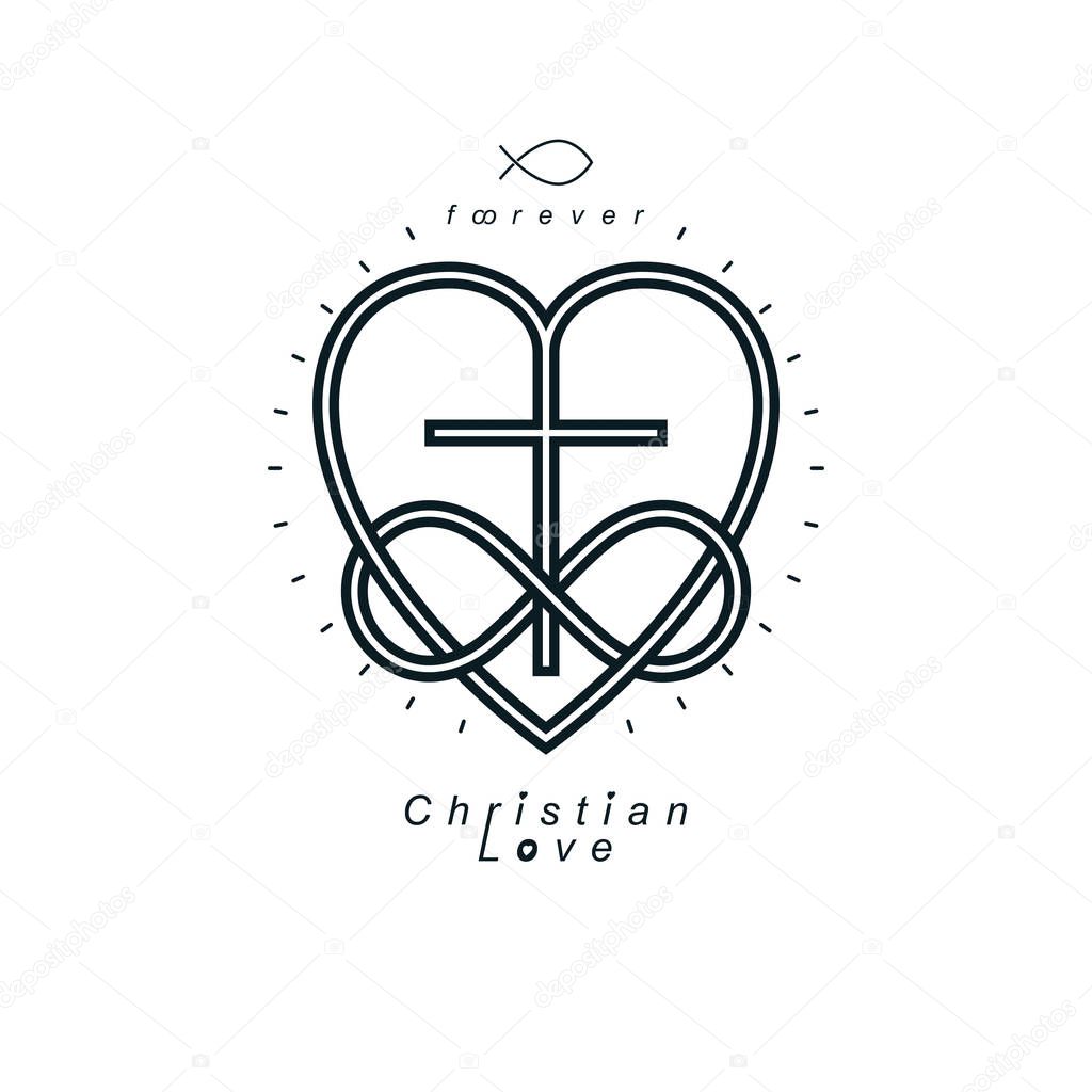 True Infinite Christian Love and Belief in God, vector creative symbol design, combined with infinity eternal loop and Christian Cross, vector logo or sign.