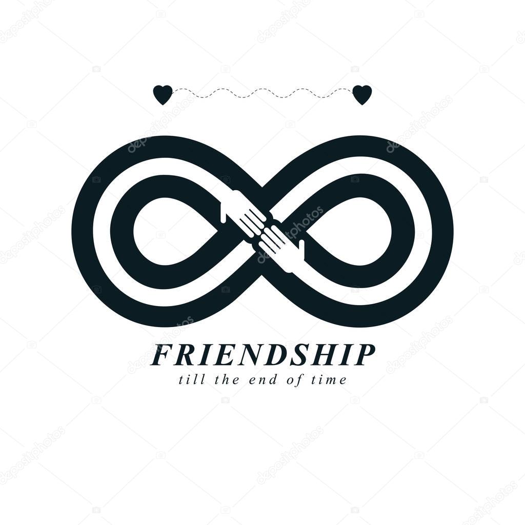 Infinity sign with two hands touching each other, infinite friendship concept, forever friends vector creative logo.