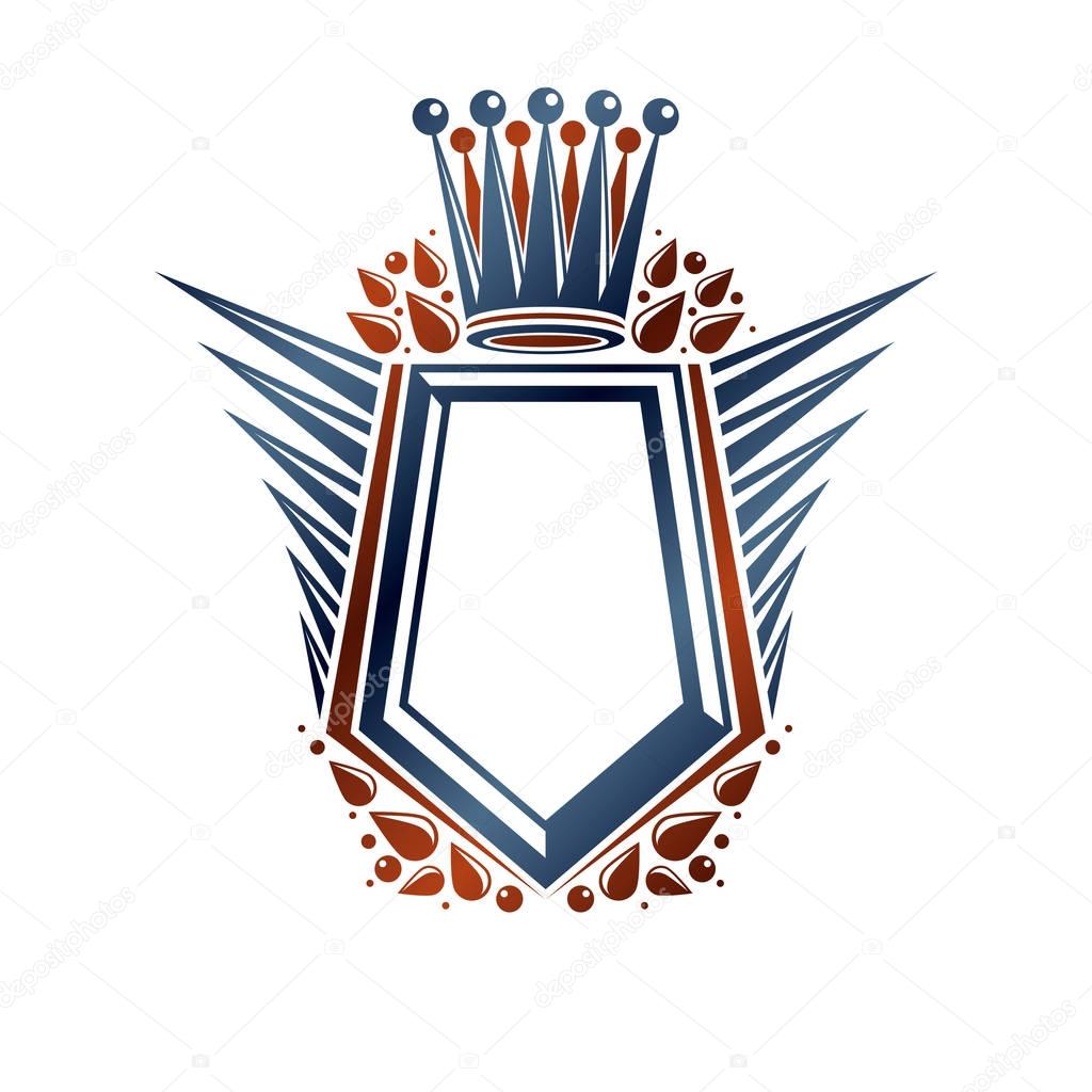 Blank heraldic coat of arms decorative emblem with copy space. Empty winged protection shield emblem created with imperial crown and isolated vector illustration.