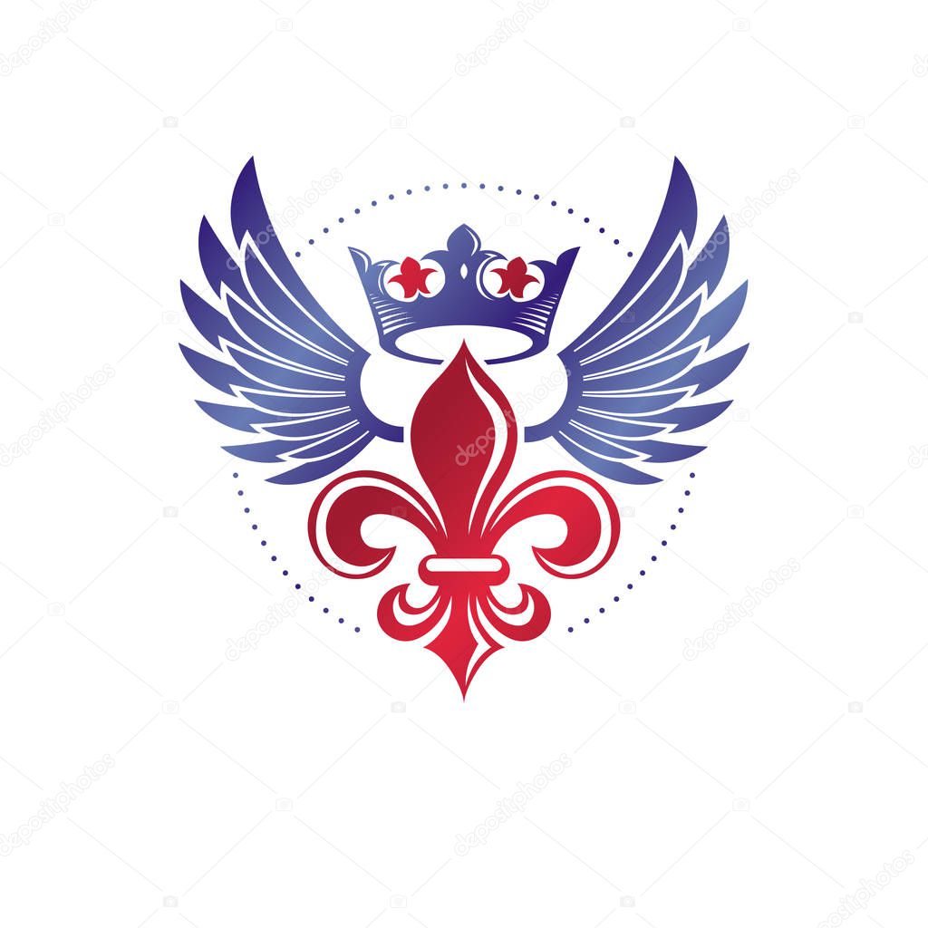 Royal symbol Lily Flower graphic emblem composed with king crown. Heraldic vector design element. Retro style label, heraldry logo.