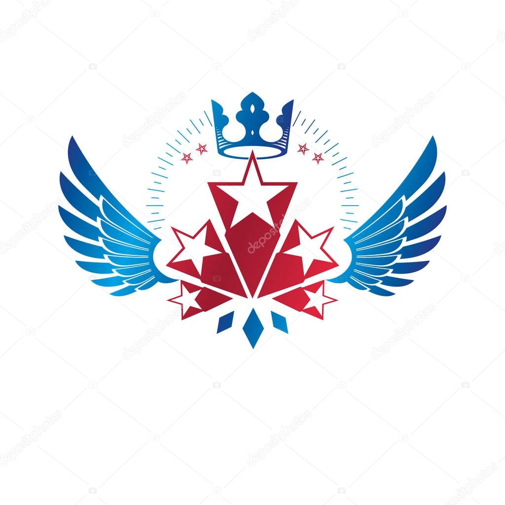Winged ancient Star emblem decorated with imperial crown. Heraldic vector design element, 5 stars award symbol.  Retro style label, heraldry logo.