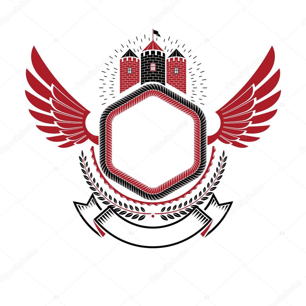 Ancient Fort emblem. Heraldic Coat of Arms decorative logo with wings isolated vector illustration decorated with medieval fortress and laurel wreath.