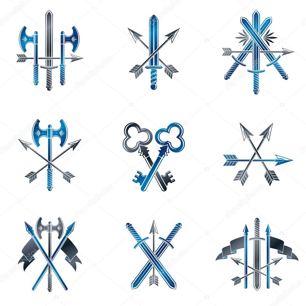 Vintage Weapon Emblems set. Heraldic Coat of Arms, vintage vector emblems collection.
