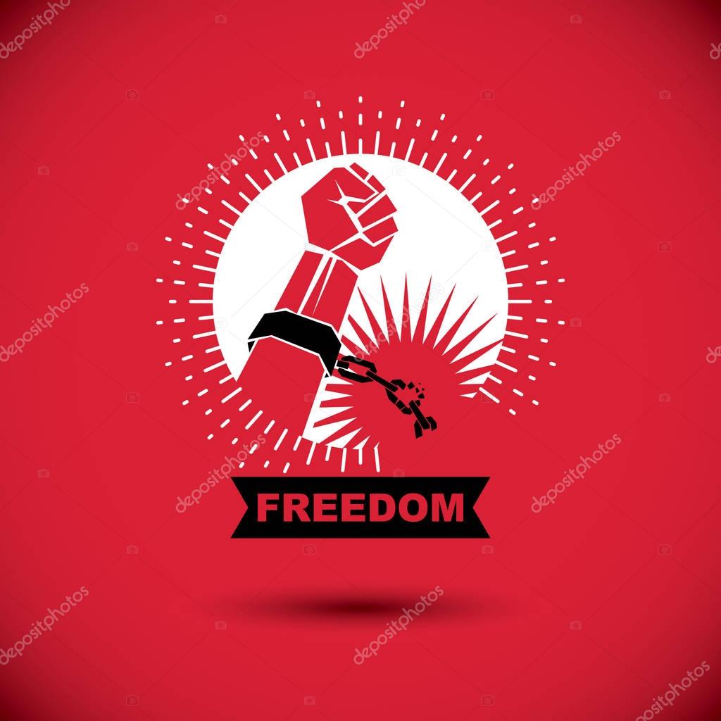 Slave red arm with clenched fist in shackles breaks the chain. Freedom for the prisoners.