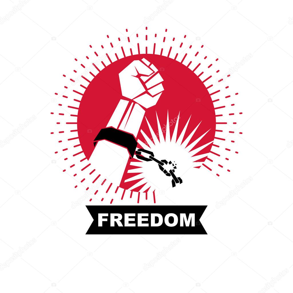 Rebels red arm with clenched fist in shackles breaks the chain. Freedom for the personality