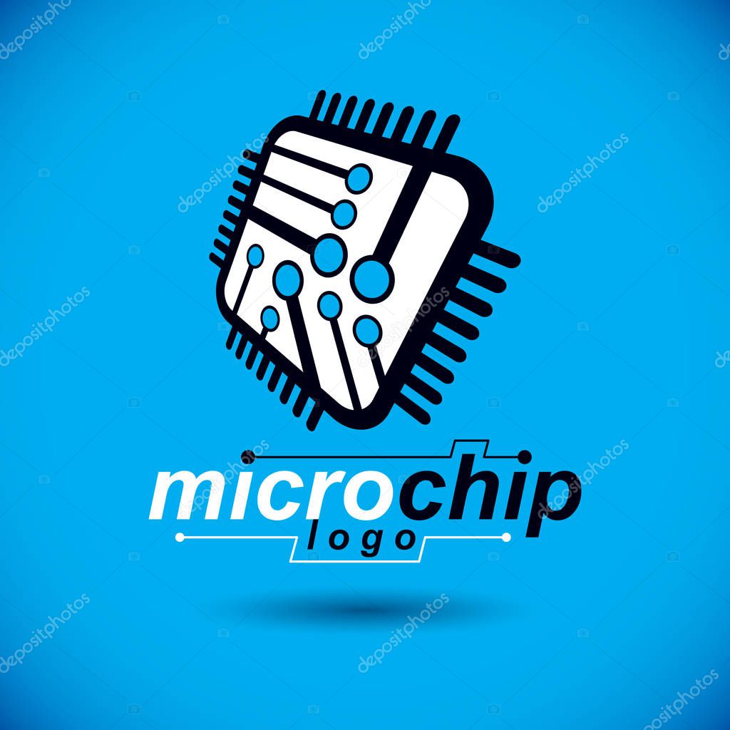 Vector microchip design, cpu. Information communication technology element, circuit board in square shape. Microprocessor scheme abstract logo.