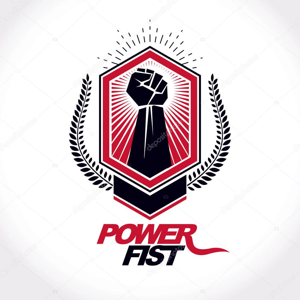 Vector illustration created with clenched fist of a strong man and laurel wreath. Boxing club abstract emblem.