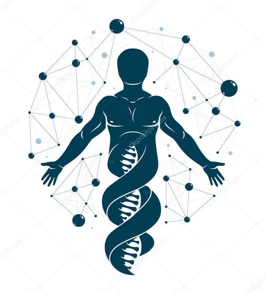 Vector illustration design of model of human DNA, double helix. Bioengineering and genetics conceptual vector logo, laboratory research symbol.
