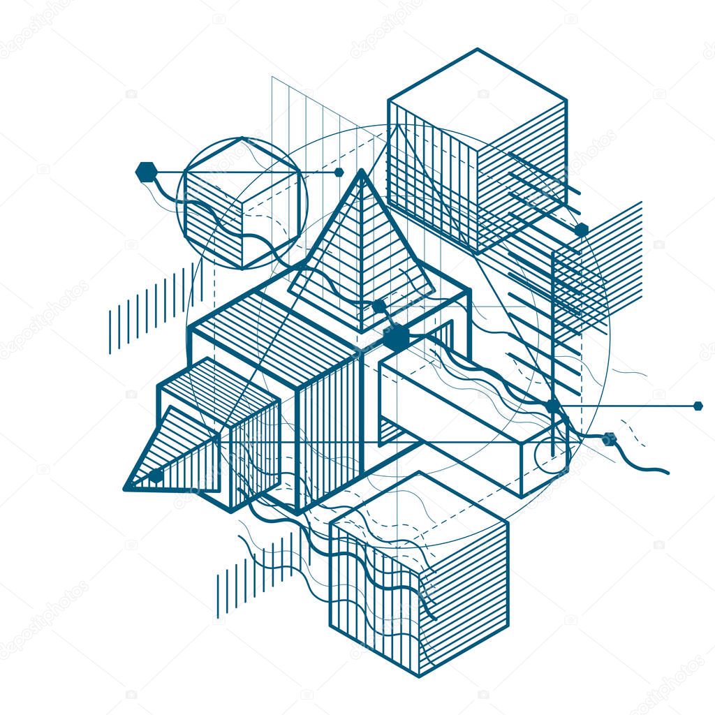 Abstract 3d shapes composition, vector isometric background. Com