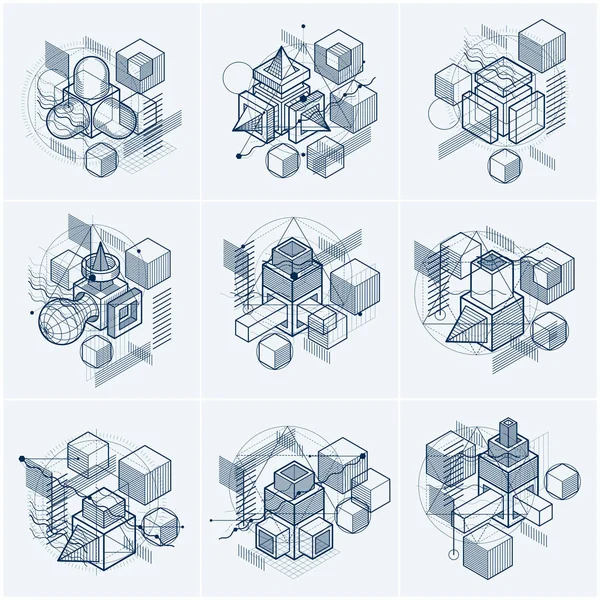 Desenhos geométricos com elementos isométricos —  Vetores de Stock