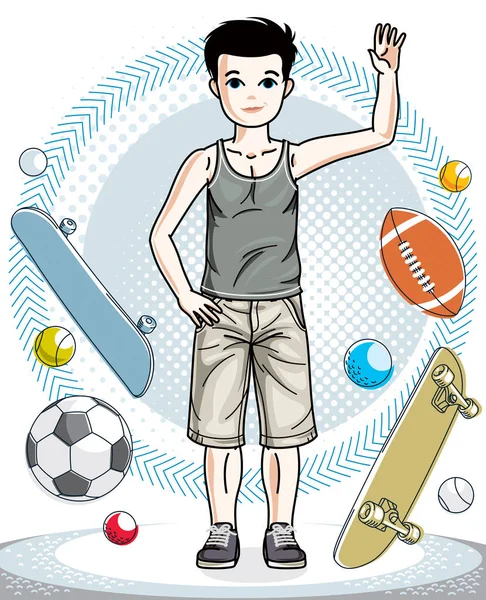 Young teen boy cute nice standing wearing fashionable casual clothes — Stock Vector