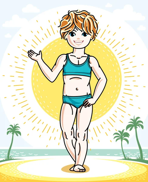 Krásná šťastná malá zrzka dívka pózuje na tropické pláži — Stockový vektor