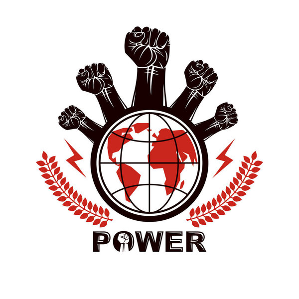 векторная эмблема с мускулистыми поднятыми кулаками
