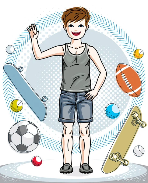 Kleine jongen staande dragen casual kleding. — Stockvector