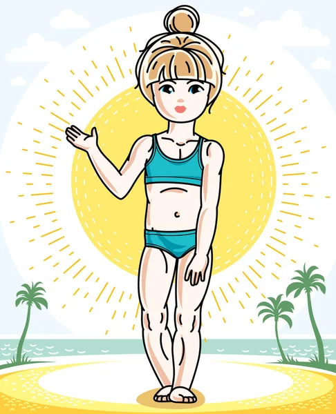 Linda niña rubia de pie en la playa tropical con palmeras . — Vector de stock