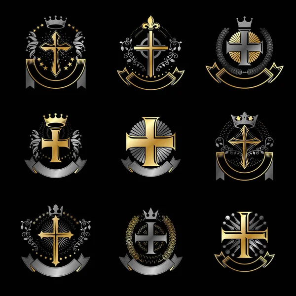 Conjunto de emblemas de cruces religiosas — Vector de stock