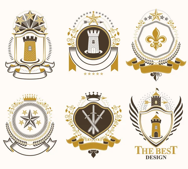 Ställa in gamla stil heraldik vektor emblem — Stock vektor