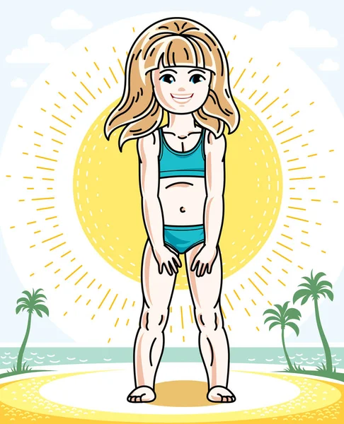 Hermosa niña rubia posando en la playa tropical — Vector de stock