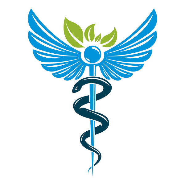 Caduceus symbol composed with poisonous snakes and bird wings