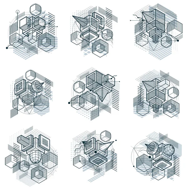 Desenhos geométricos com elementos isométricos —  Vetores de Stock