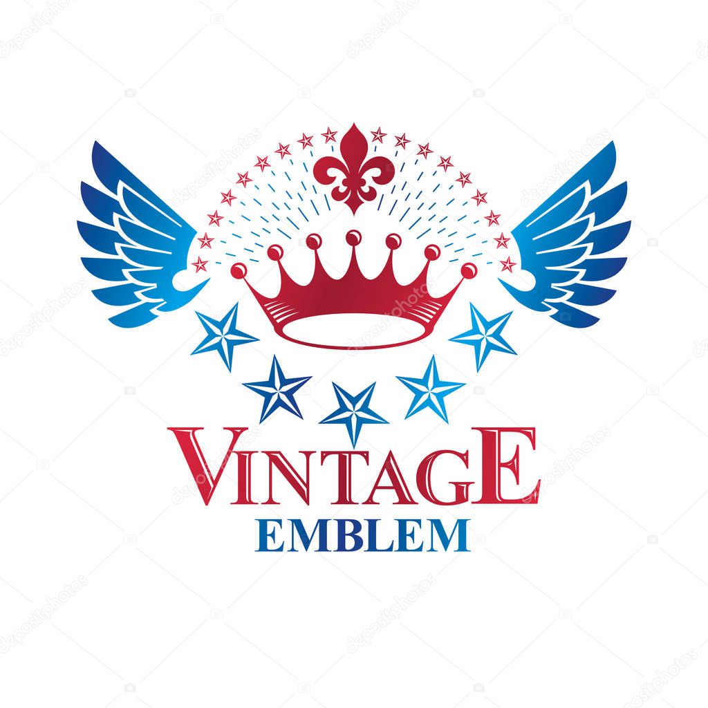 Ancient Star emblem decorated with imperial crown and laurel wreath. Heraldic vector design element, 5 stars award symbol.  Retro style label, heraldry logo.