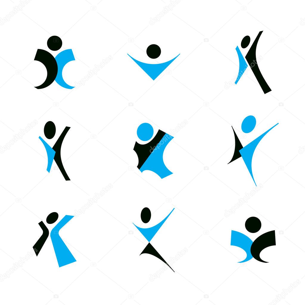 Vector illustration of joyful abstract individual with arms reaching up. Happiness metaphor logo.