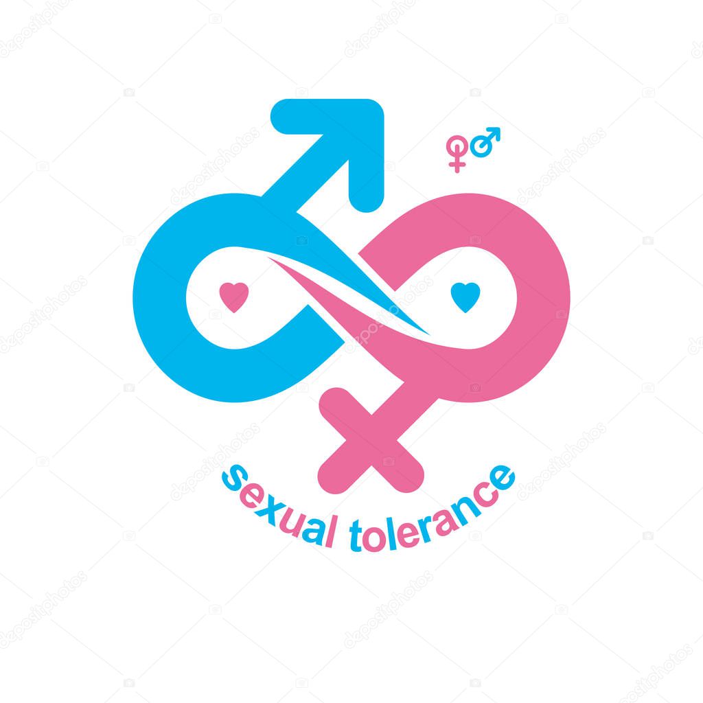 Love Forever conceptual logo, vector symbol created with infinity loop and male Mars an female Venus signs. Relationship creative idea.