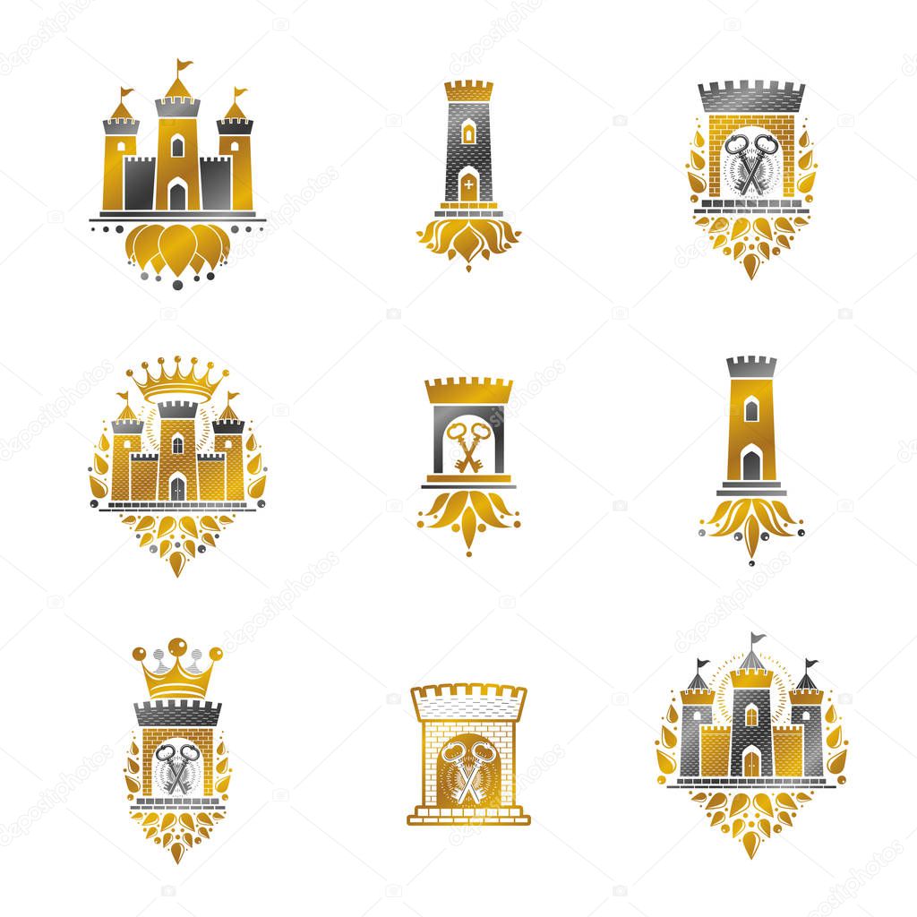 Ancient Fortresses emblems set. Heraldic design templates, vintage vector logos collection