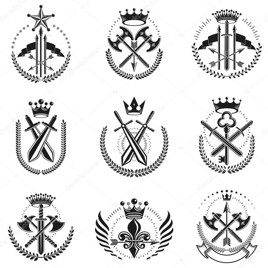 Vintage Weapon Emblems set. Antique heraldic decorative designs collection, vector illustration