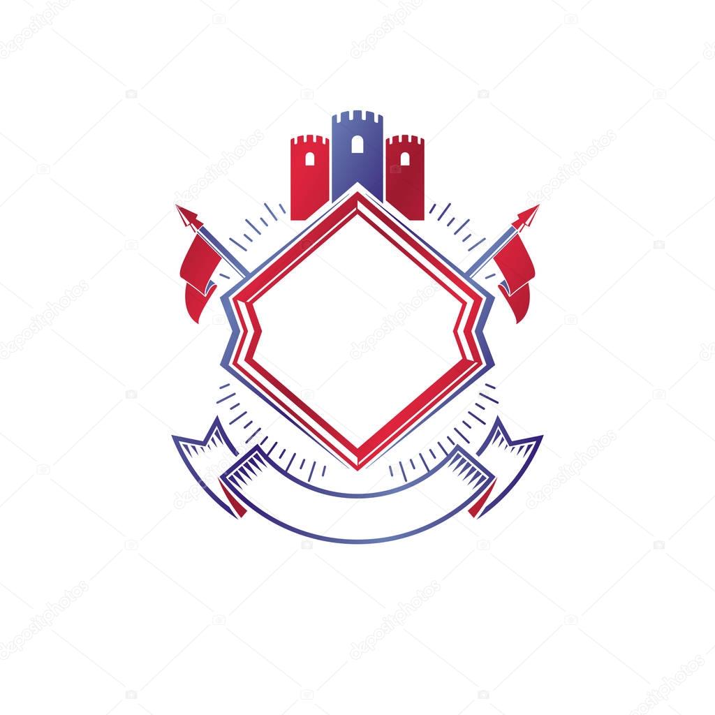 Ancient Fort emblem. Heraldic Coat of Arms decorative logo isolated vector illustration decorated with medieval fortress and laurel wreath.