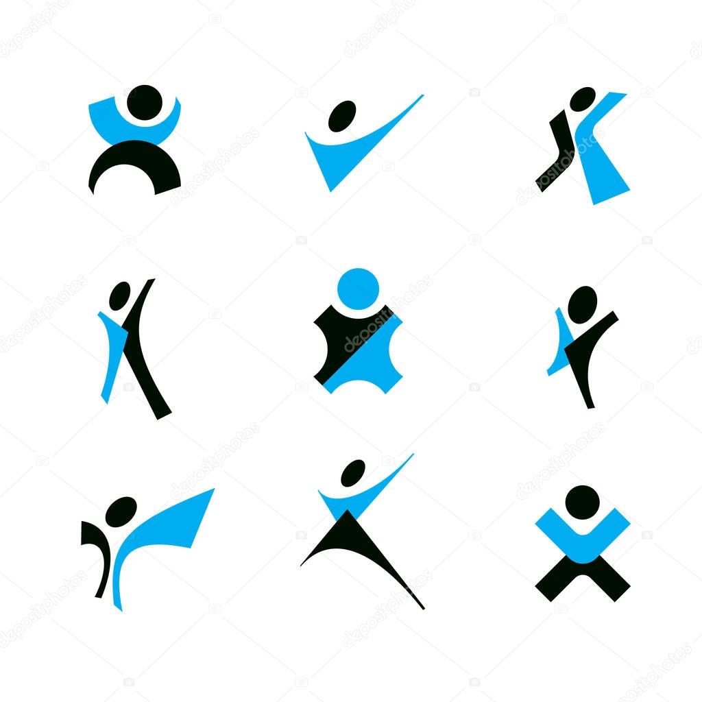 Vector illustration of excited abstract man with arms reaching up. Corporate development logo.
