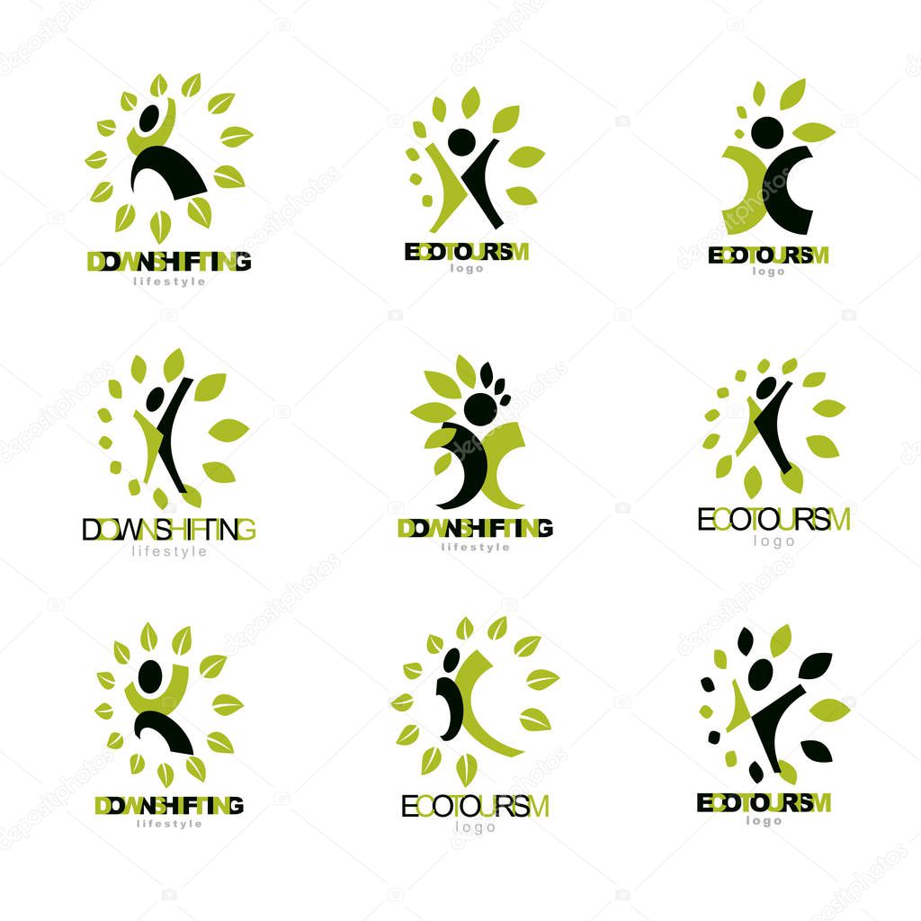 Collection of vector illustration of joyful abstract individual with arms reaching up. Wellness and harmony symbolic icon