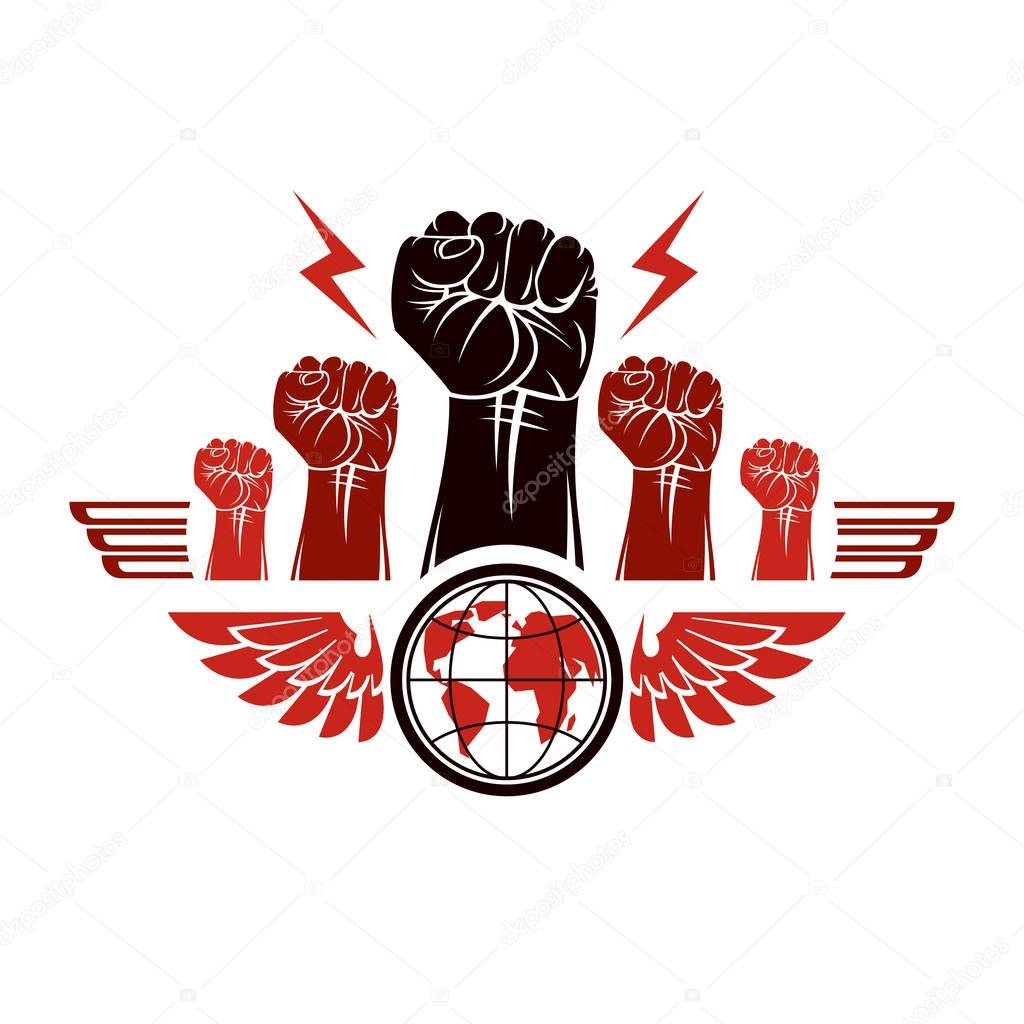Clenched fists of angry people winged vector emblem 