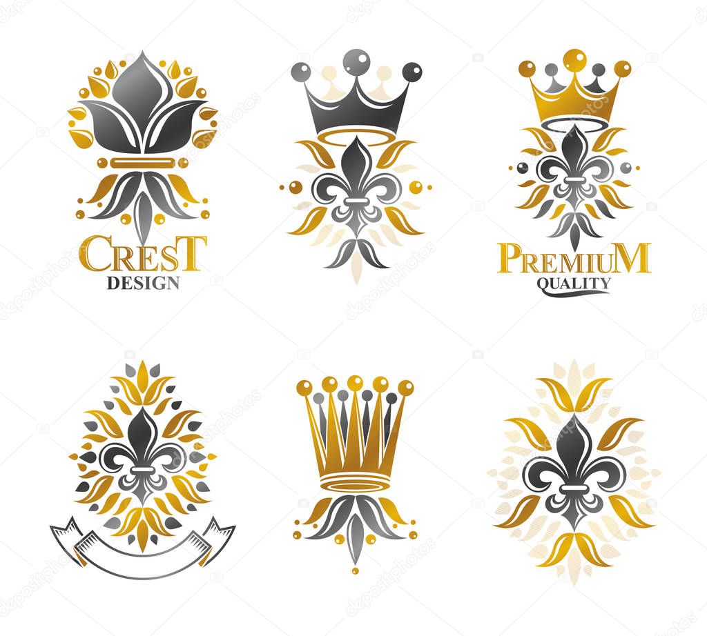 Lily Flowers Royal symbols emblems set. Heraldic Coat of Arms decorative logos isolated on white background. Vector illustrations collection.