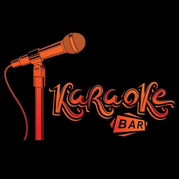 Karaoke bar belettering, vector microfoon embleem. — Stockvector