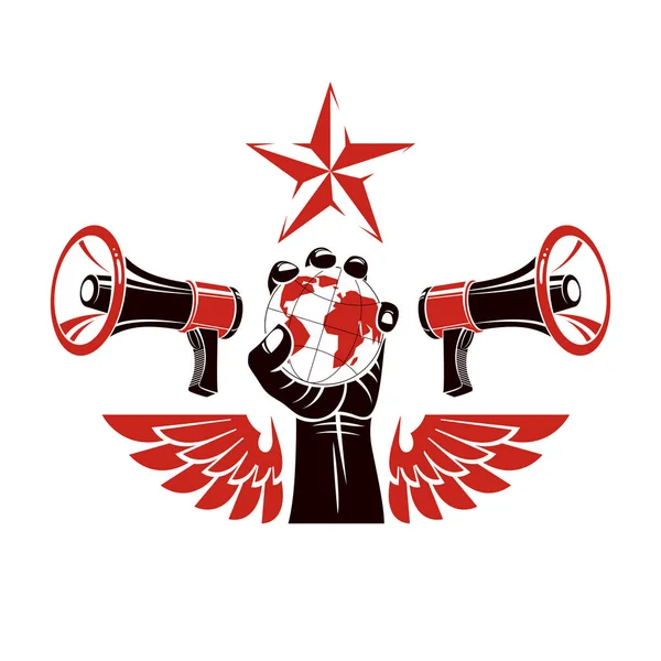 Emblema vetor decorativo composto com o punho apertado levantado muscular — Vetor de Stock