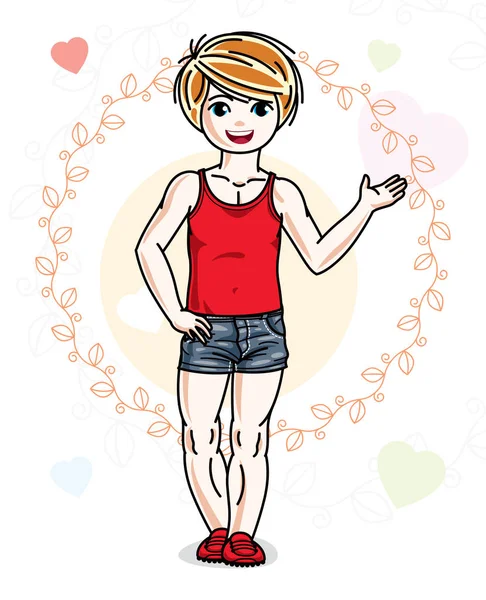 Sevimli küçük Kızıl saçlı kız casual modern giyimleri — Stok Vektör