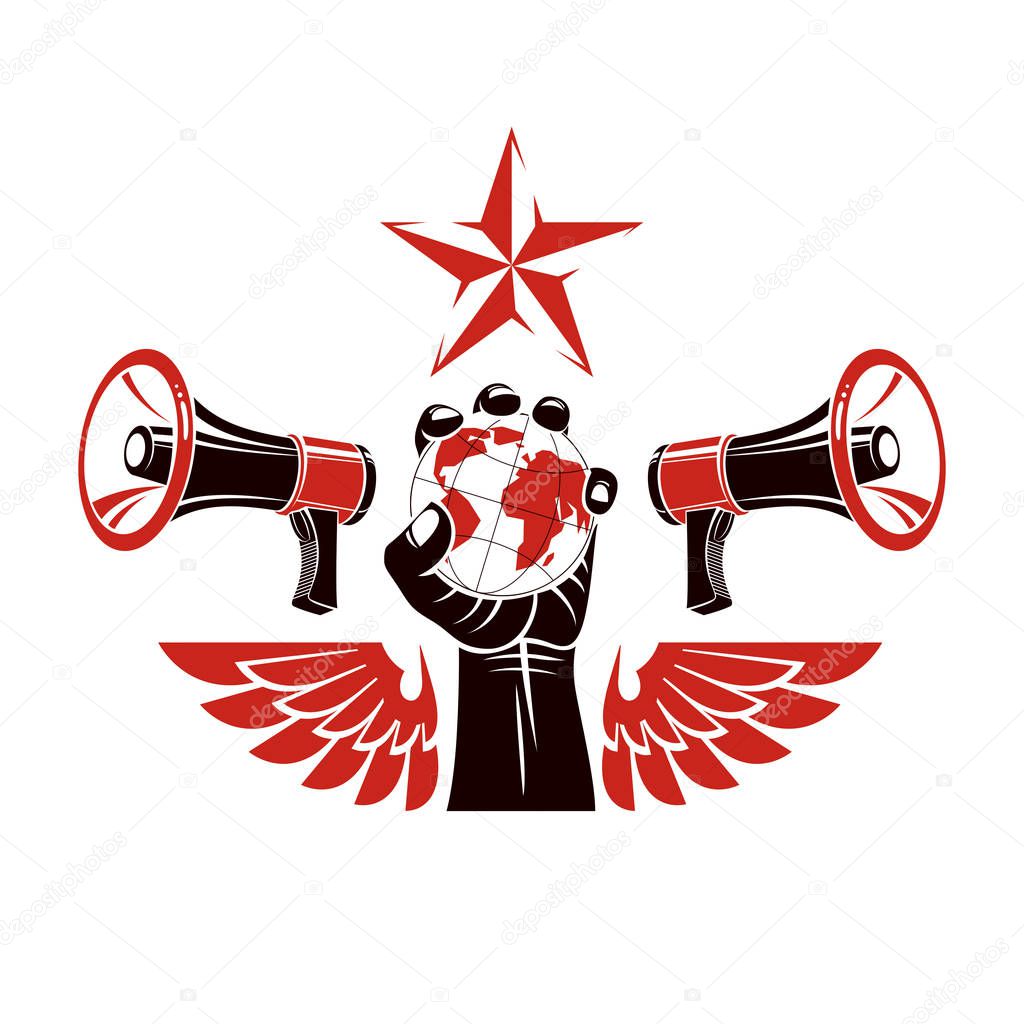 Decorative vector emblem composed with muscular raised clenched fist