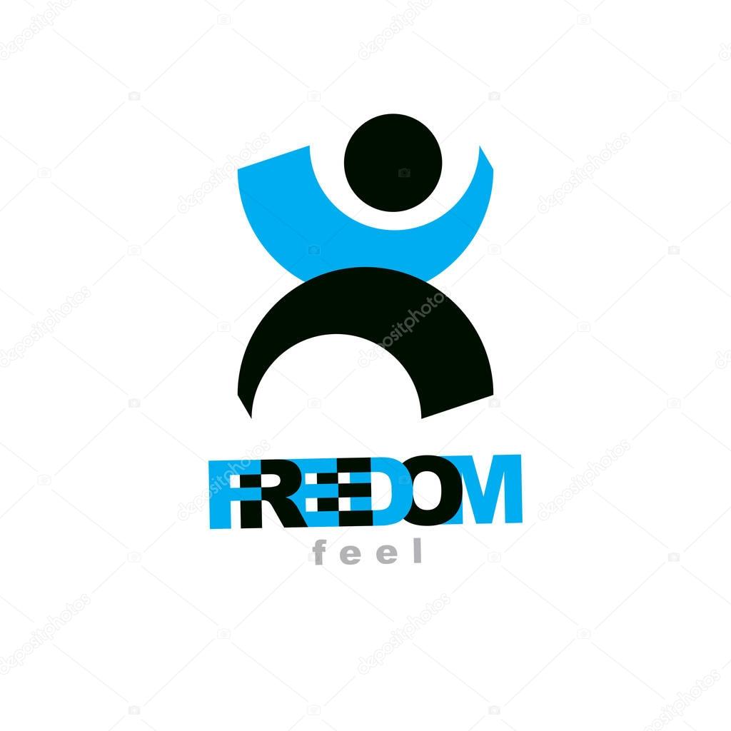 Vector illustration of happy abstract human with reaching up. Liberty conceptual emblem. Happiness metaphor logotype. Business innovation idea creative symbol.