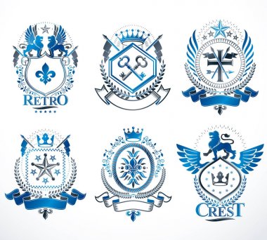 Vintage amblem ile dekoratif öğeler kümesi