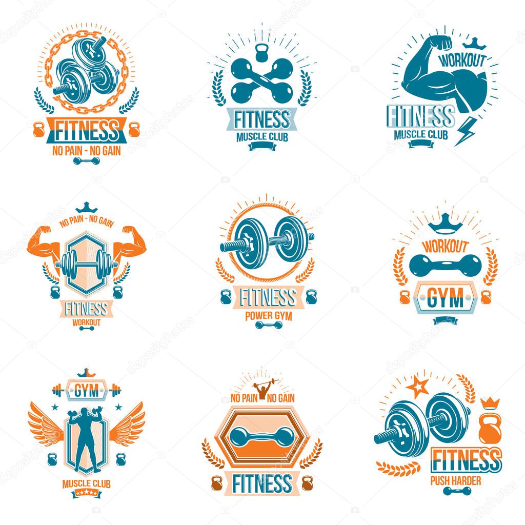 Set of vector power lifting theme emblems and motivational flyer templates.