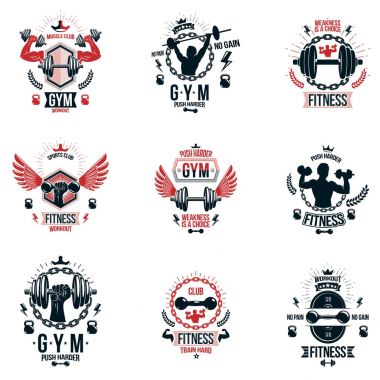 Gym weightlifting and sport logos clipart