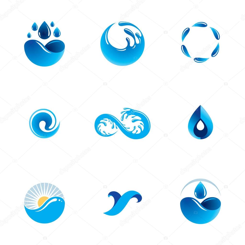 Set of various blue water vector logos on white background
