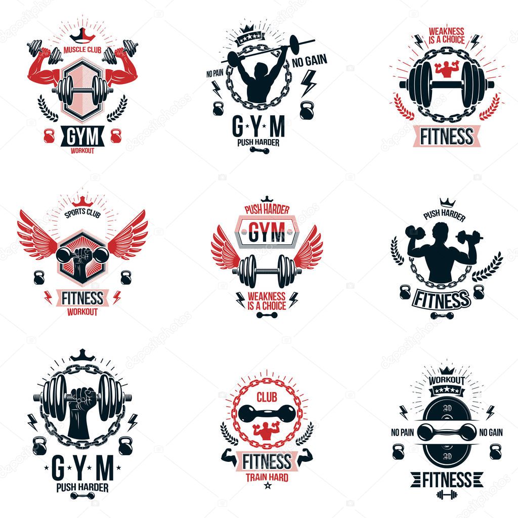 Gym weightlifting and fitness sport club logos, retro stylized vector emblems or badges set.
