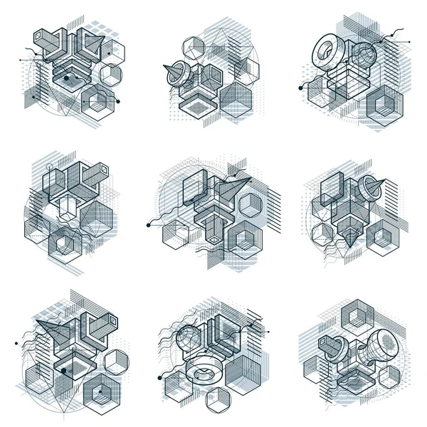 Desenhos geométricos com elementos isométricos — Vetor de Stock