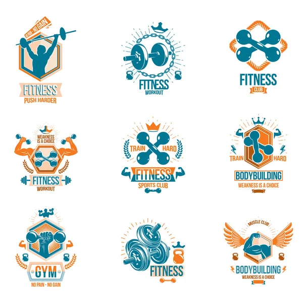 Logotipos de levantamiento de pesas y deporte gimnasio — Vector de stock