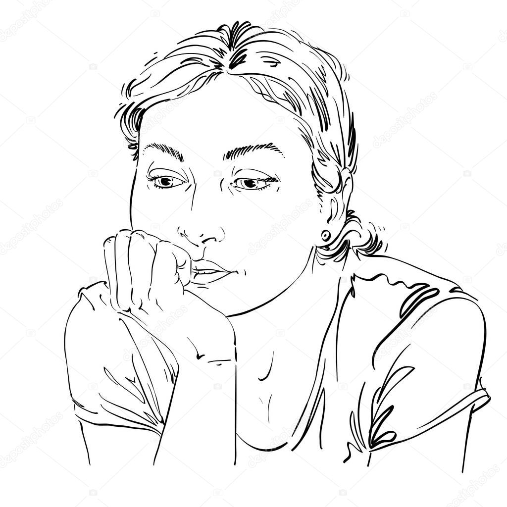 Графический рисунок задумчивая женщина