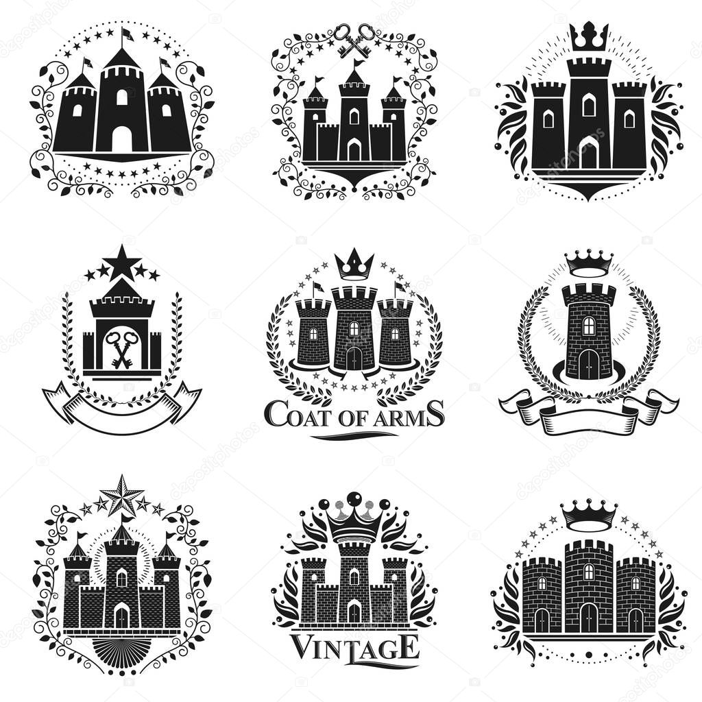 Ancient Citadels emblems set. Heraldic vector design elements collection.